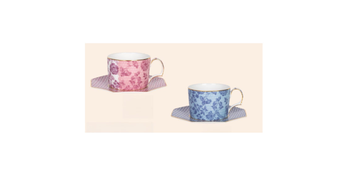Set 4 tazas de Té con plato Damask Celeste (2) y Rosa (2)
